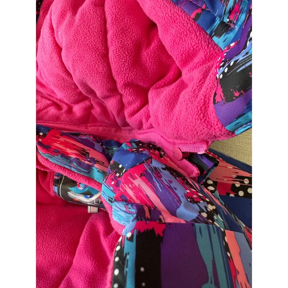 Kuluoxing Kids Pink Blue Abstract Print Hooded Ski Jacket Winter Coat Size 10